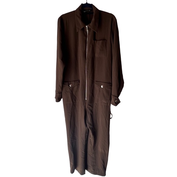 Zara Woman Olive Green Jumpsuit Utility Style Silver Zip Long‎ Sleeve Pockets - Picture 4 of 10